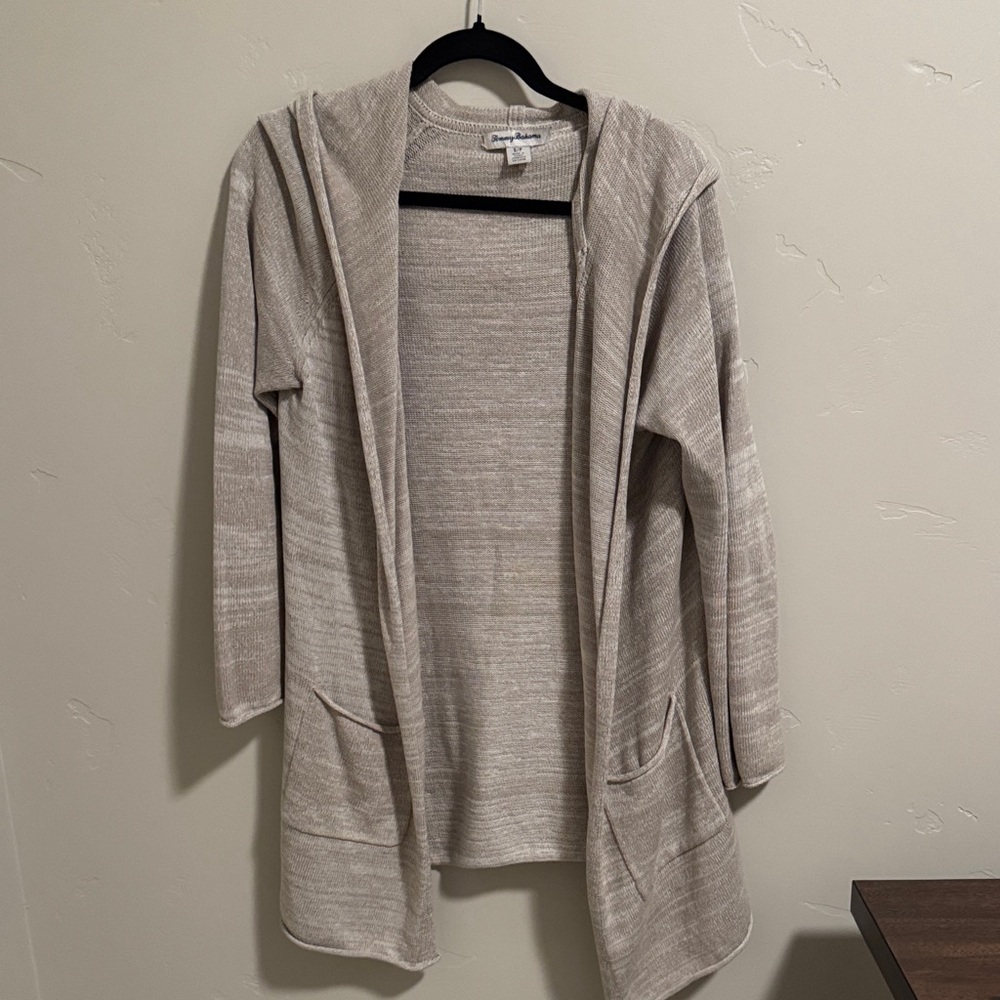 Tommy bahama linen/cotton Long open front cardigan with two pockets and a hood